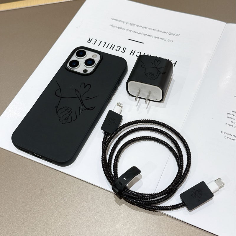 Phone Case 6pcs Set Mixed Color 1 Couple Handshake Pattern Liquid Large Hole Black TPU Anti Drop Protective Case with Charger Head Cover Cable Protector Storage Strap Data Cable Protector Wrap Cord Compatible With iPhone XS Max - Image 1