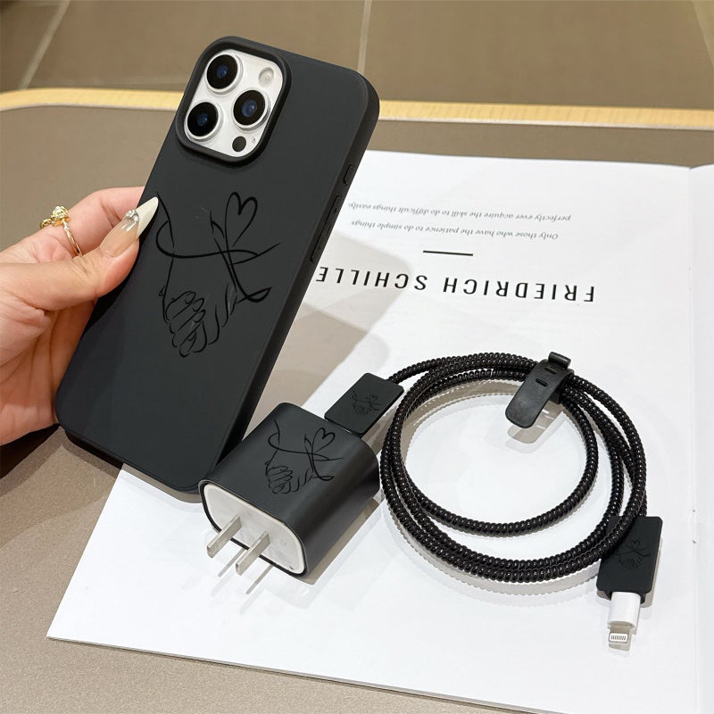 Phone Case 6pcs Set Mixed Color 1 Couple Handshake Pattern Liquid Large Hole Black TPU Anti Drop Protective Case with Charger Head Cover Cable Protector Storage Strap Data Cable Protector Wrap Cord Compatible With iPhone XS Max - Image 2