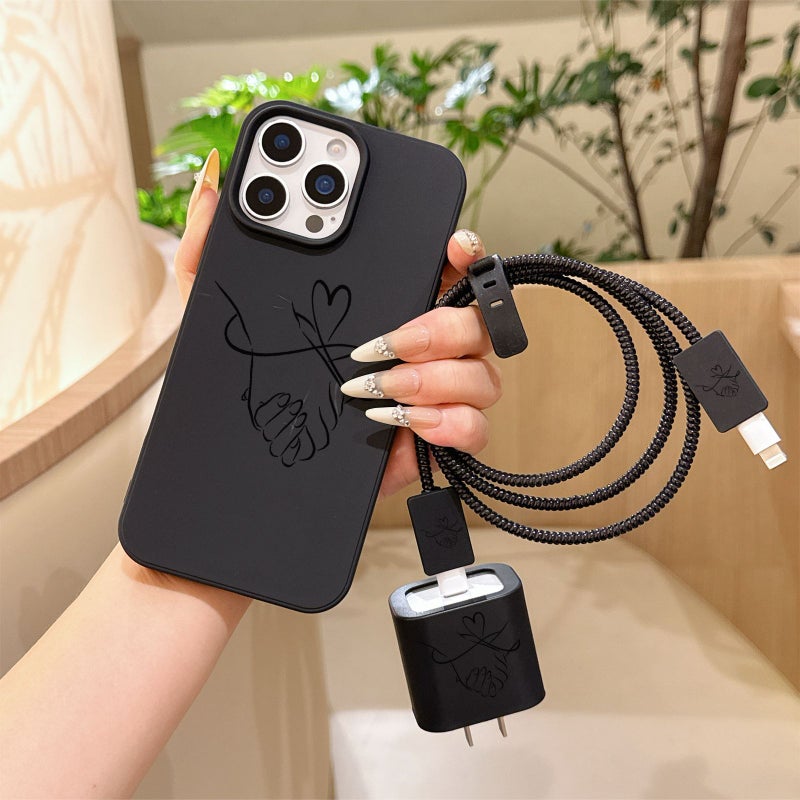 Phone Case 6pcs Set Mixed Color 1 Couple Handshake Pattern Liquid Large Hole Black TPU Anti Drop Protective Case with Charger Head Cover Cable Protector Storage Strap Data Cable Protector Wrap Cord Compatible With iPhone XS Max - Image 4