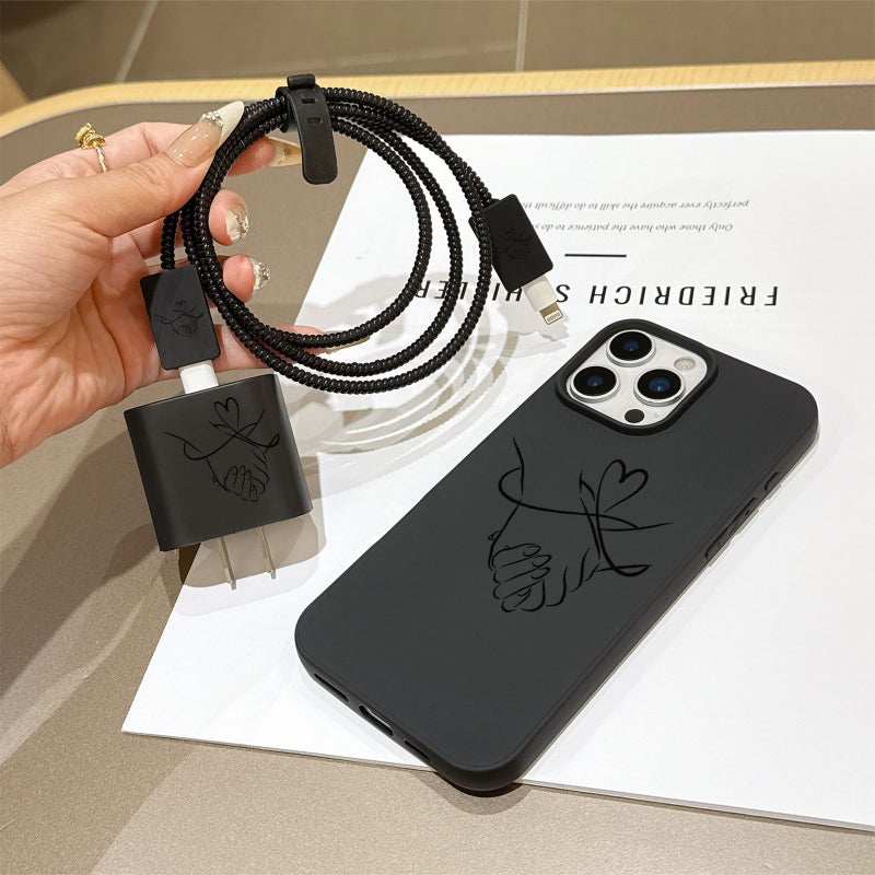 Phone Case 6pcs Set Mixed Color 1 Couple Handshake Pattern Liquid Large Hole Black TPU Anti Drop Protective Case with Charger Head Cover Cable Protector Storage Strap Data Cable Protector Wrap Cord Compatible With iPhone XS Max - Image 3