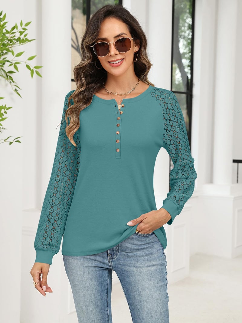Minetom Women's Lace Long Sleeve Tops Henley Shirts Casual Blouses T Shirts Fall Clothes Blue Green - Image 3