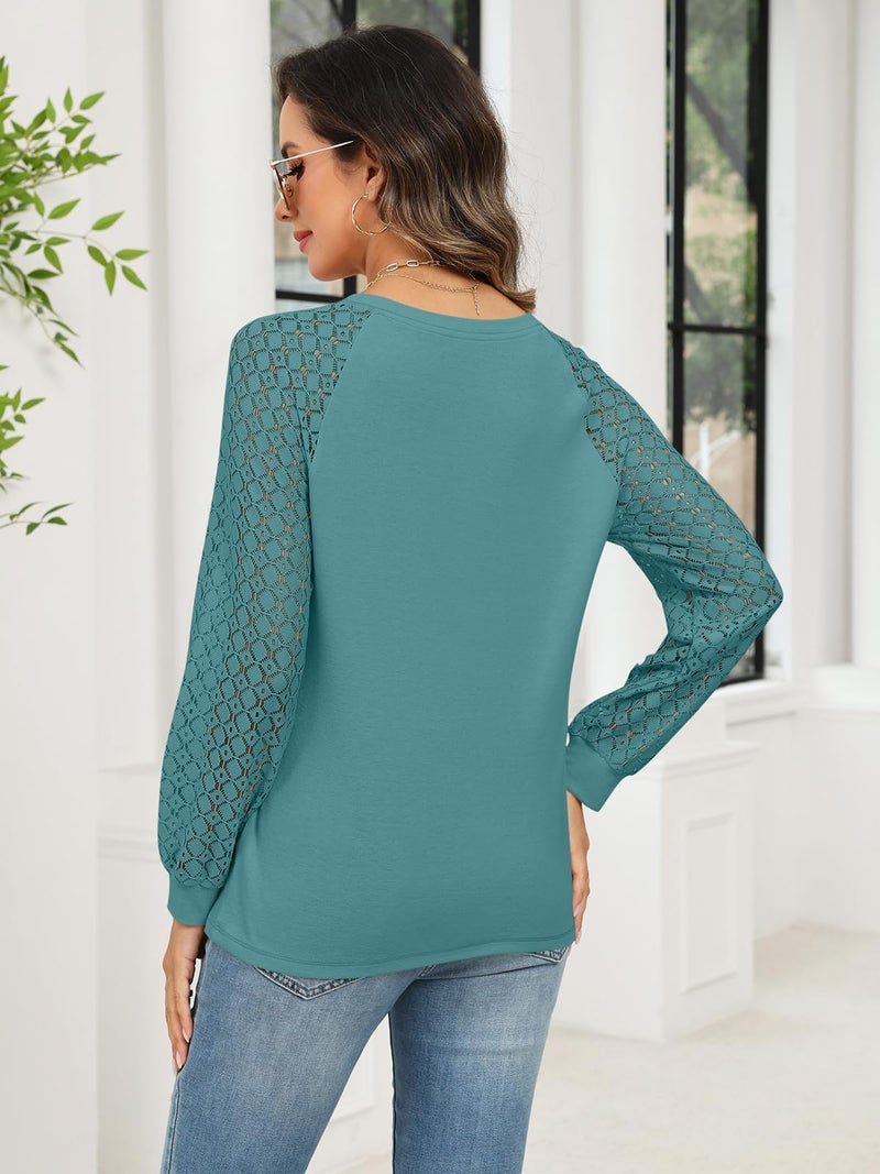Minetom Women's Lace Long Sleeve Tops Henley Shirts Casual Blouses T Shirts Fall Clothes Blue Green - Image 5