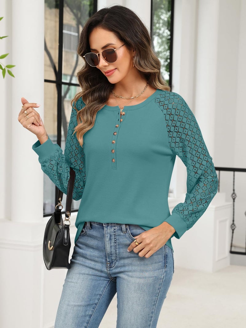 Minetom Women's Lace Long Sleeve Tops Henley Shirts Casual Blouses T Shirts Fall Clothes Blue Green - Image 4