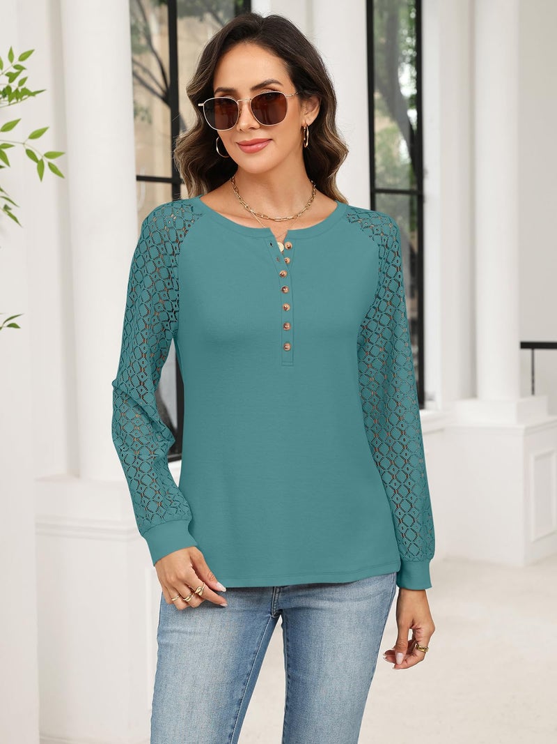 Minetom Women's Lace Long Sleeve Tops Henley Shirts Casual Blouses T Shirts Fall Clothes Blue Green - Image 2