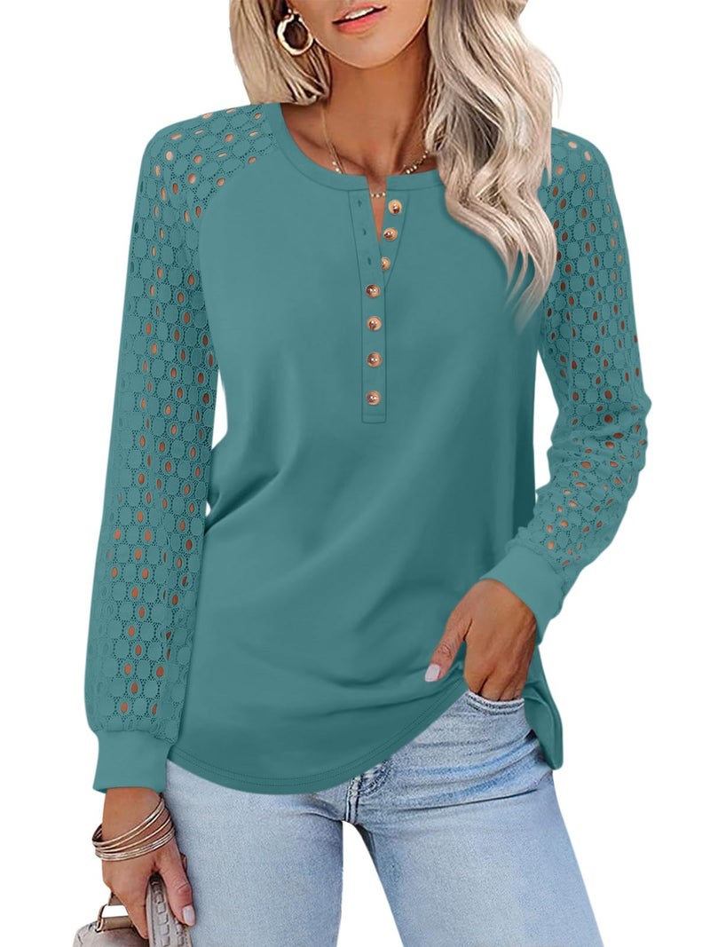 Minetom Women's Lace Long Sleeve Tops Henley Shirts Casual Blouses T Shirts Fall Clothes Blue Green - Image 1