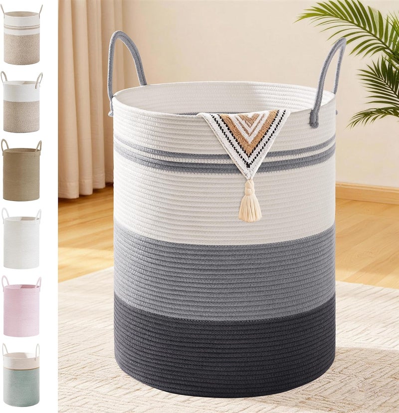 SunNewt Tall Laundry Basket with Handles, 88L Portable Dirty Clothes Hamper, Boho Cotton Rope Storage Bin for Blankets Kids Toys Gifts, Large Organizer for Baby Nursery Bedroom Bathroom, Grey Striped - Image 1