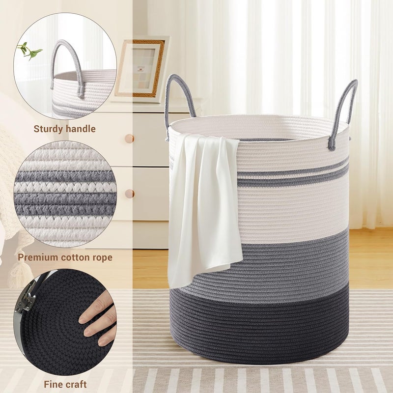 SunNewt Tall Laundry Basket with Handles, 88L Portable Dirty Clothes Hamper, Boho Cotton Rope Storage Bin for Blankets Kids Toys Gifts, Large Organizer for Baby Nursery Bedroom Bathroom, Grey Striped - Image 3