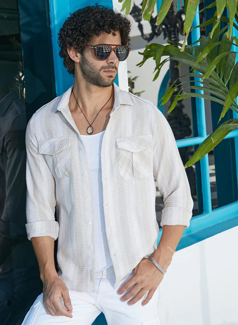 Men's Buff Beige & Cream White Nomad-Striped Utility Shirt
