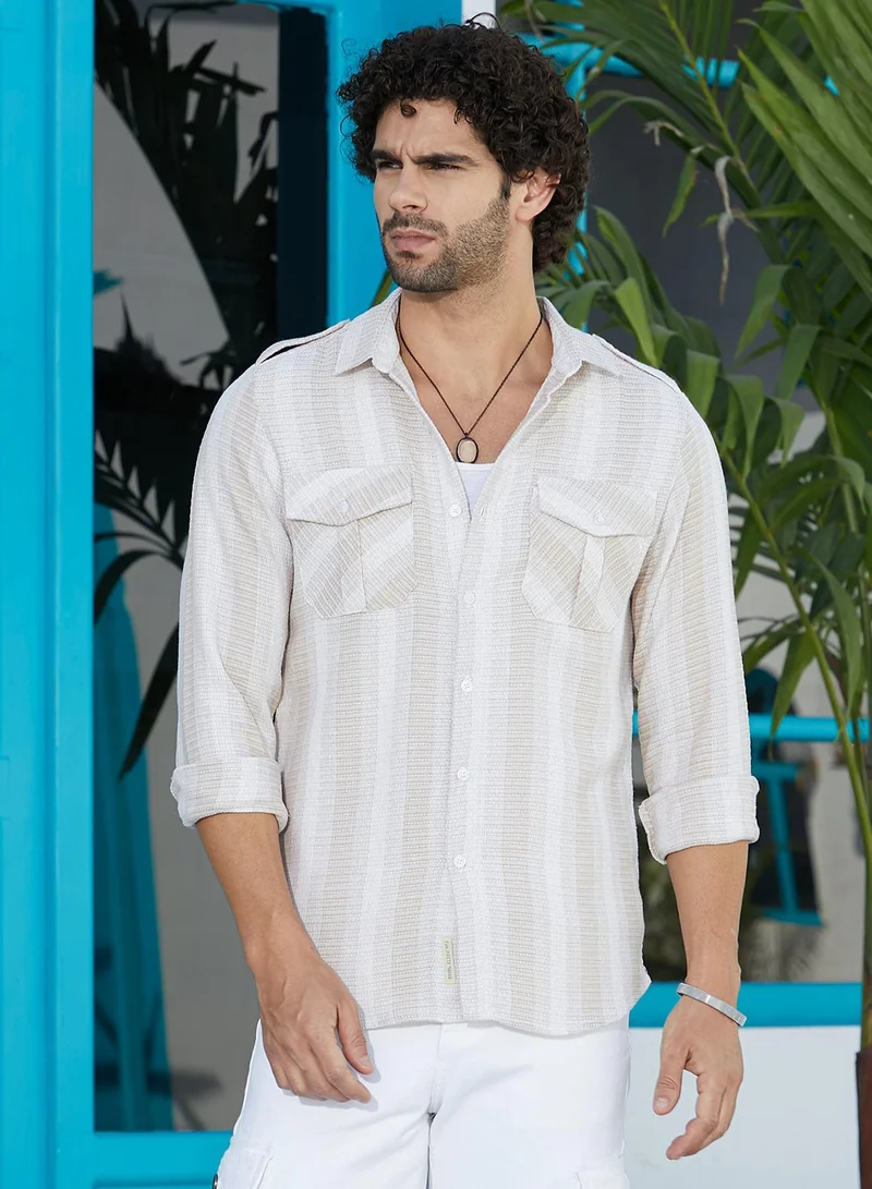CAHOOT  Men's Buff Beige & Cream White Nomad-Striped Utility Shirt for Men | Best Price UAE