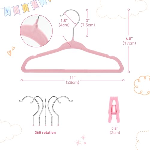 Babyrish Velvet Baby Hangers with Clips (30 Pack) | 11” Ultra-Slim Baby Clothes Hangers | Non-Slip Felt | Space-Saving Nursery & Infant Closet Organizer | Pink - Image 3