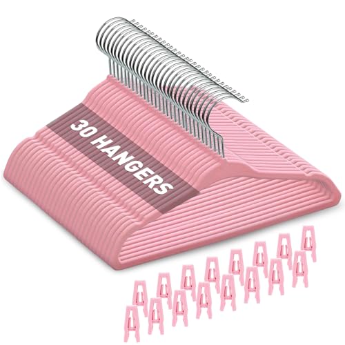 Babyrish Velvet Baby Hangers with Clips (30 Pack) | 11” Ultra-Slim Baby Clothes Hangers | Non-Slip Felt | Space-Saving Nursery & Infant Closet Organizer | Pink - Image 1