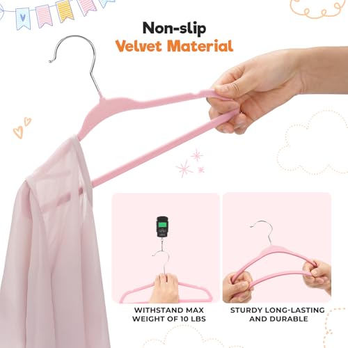 Babyrish Velvet Baby Hangers with Clips (30 Pack) | 11” Ultra-Slim Baby Clothes Hangers | Non-Slip Felt | Space-Saving Nursery & Infant Closet Organizer | Pink - Image 5