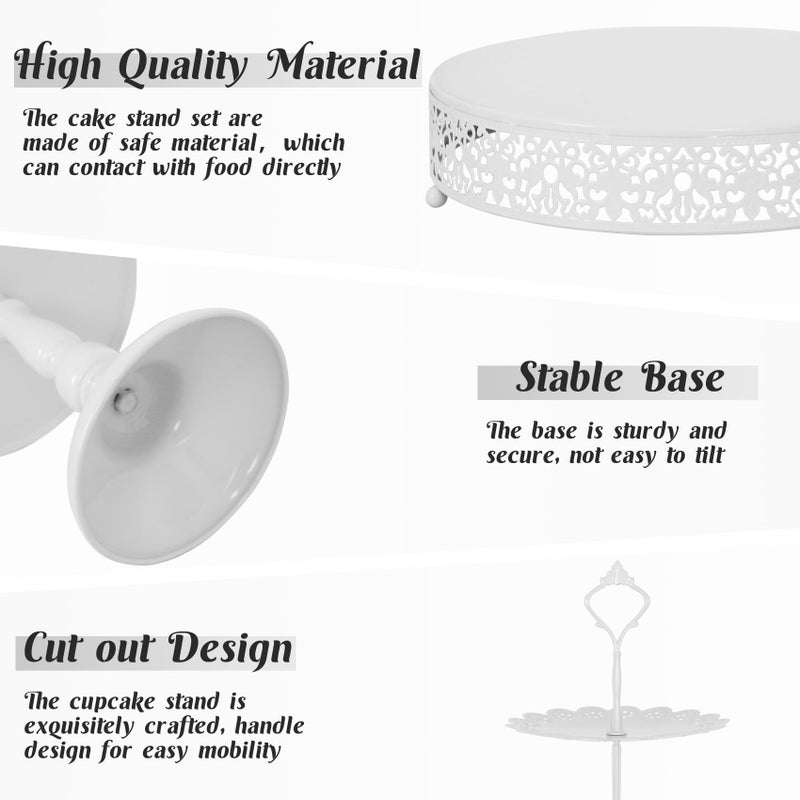 Fivenl 8 Pcs Cake Stand White Metal Dessert Table Display Set, 3-Tier Cupcake Stand, Cake Display Tower and Cookie Tray Rack Serving Tray for Birthday Party, Weddings, Baby Shower (White) - Image 3