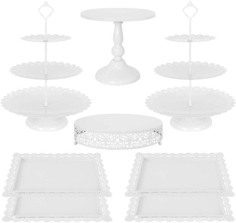Fivenl 8 Pcs Cake Stand White Metal Dessert Table Display Set, 3-Tier Cupcake Stand, Cake Display Tower and Cookie Tray Rack Serving Tray for Birthday Party, Weddings, Baby Shower (White) - Image 1