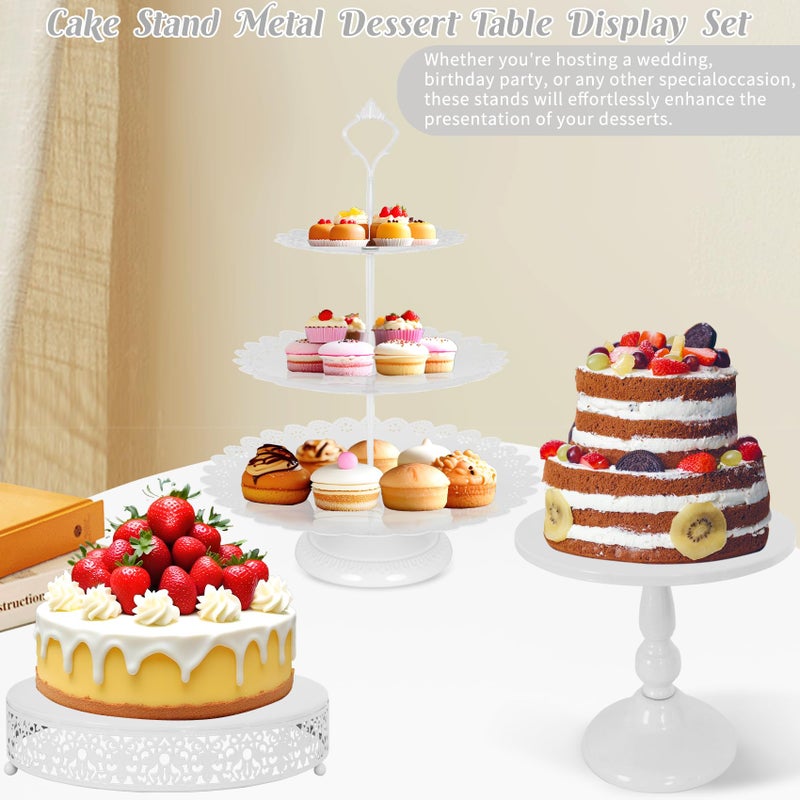 Fivenl 8 Pcs Cake Stand White Metal Dessert Table Display Set, 3-Tier Cupcake Stand, Cake Display Tower and Cookie Tray Rack Serving Tray for Birthday Party, Weddings, Baby Shower (White) - Image 4