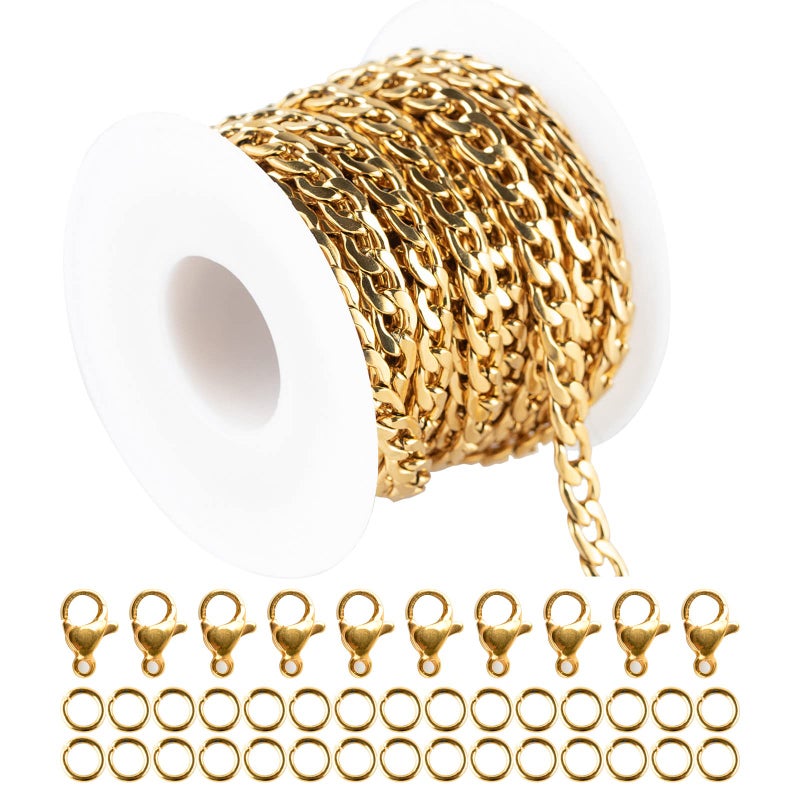 UMAOKANG 164 Feet Stainless Steel Gold Cuban Chains 5mm Twisted Links Chain Spool Necklace Chain Bulk with Open Jump Rings Lobster Clasps for Women DLY Bracelet Jewelry Making