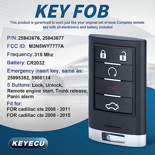 Keyecu Replacement Smart Remote Key Fob 5 Button for Cadillac STS CTS 2008-2013 - Image 2