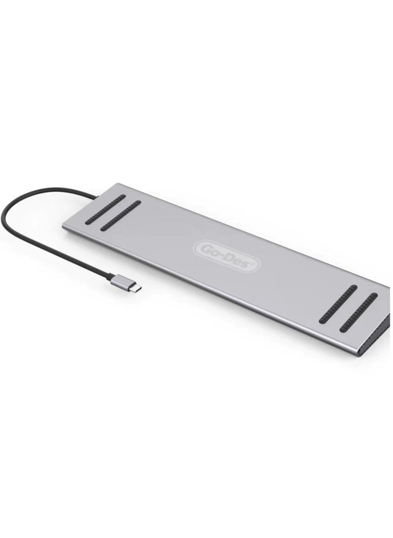 GO-DES 14 in 1 USB-C Type-C Hubs Docking Station – Silver – Multiport Adapter for Laptops, PCs, and Tablets, Includes HDMI, USB 3.0, SD/TF Card Slots, Ethernet, VGA, USB-C PD Charging, Compact & Portable Docking Solution for Home & Office Use - Image 2