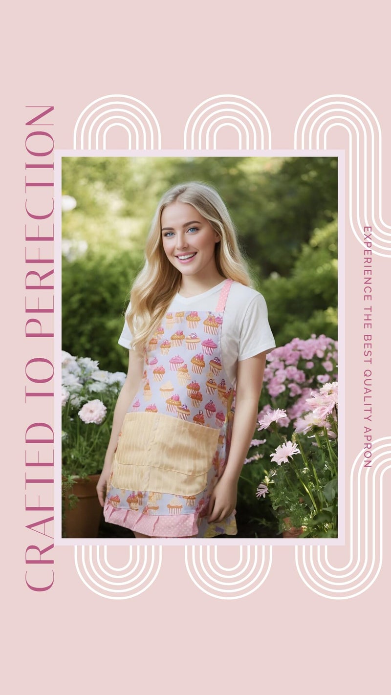 Alex Virtue Lovely Flower Pattern Retro Aprons With Large Pockets for Women Girls Cooking Kitchen Bakery Mother's Gift (Cute Cake) - Image 3