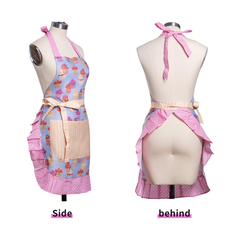 Alex Virtue Lovely Flower Pattern Retro Aprons With Large Pockets for Women Girls Cooking Kitchen Bakery Mother's Gift (Cute Cake) - Image 2