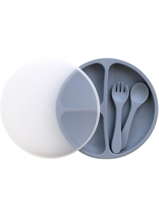 طقم تغذية سيليكون متكامل للأطفال المقسم واللاصق مع غطاء، شوكة، وملعقة – آمن للميكروويف والفريزر ومقاوم للحرارة العالية - Image 1