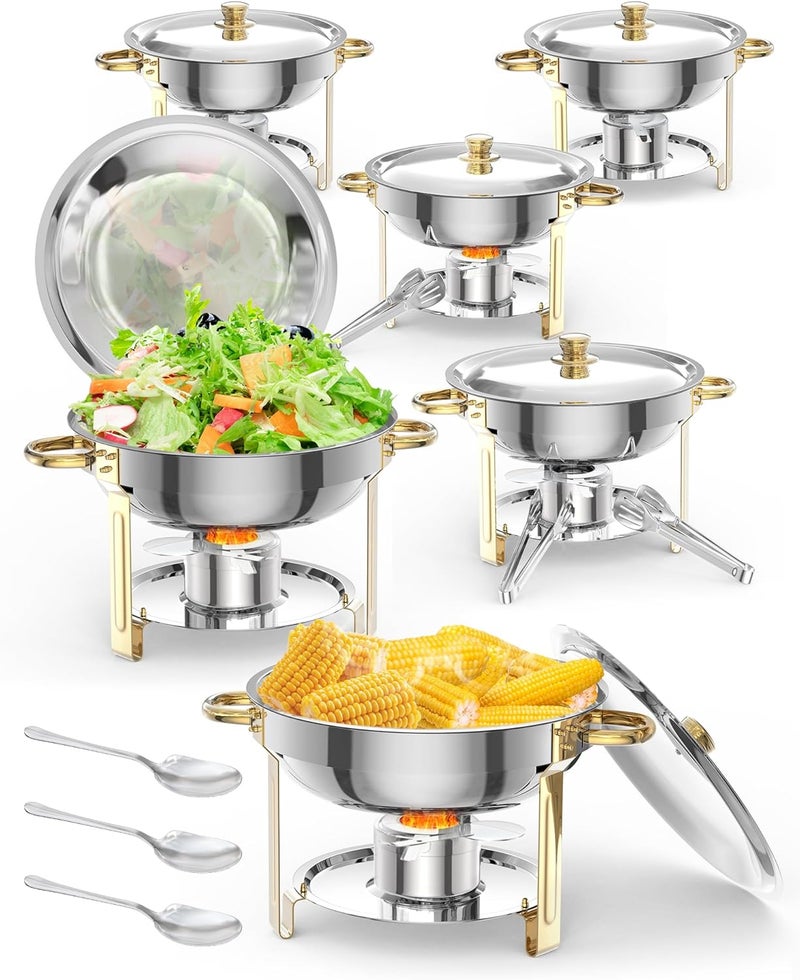 Takywep 5QT 6 Packs Chafing Dish Buffet Set, NSF Round Stainless Steel Chafers and Warmers Food Servers Sets with Lid & Lid Holder, Spoon & Tweezer for Catering Events Parties Weddings Dinners, Gold - Image 1
