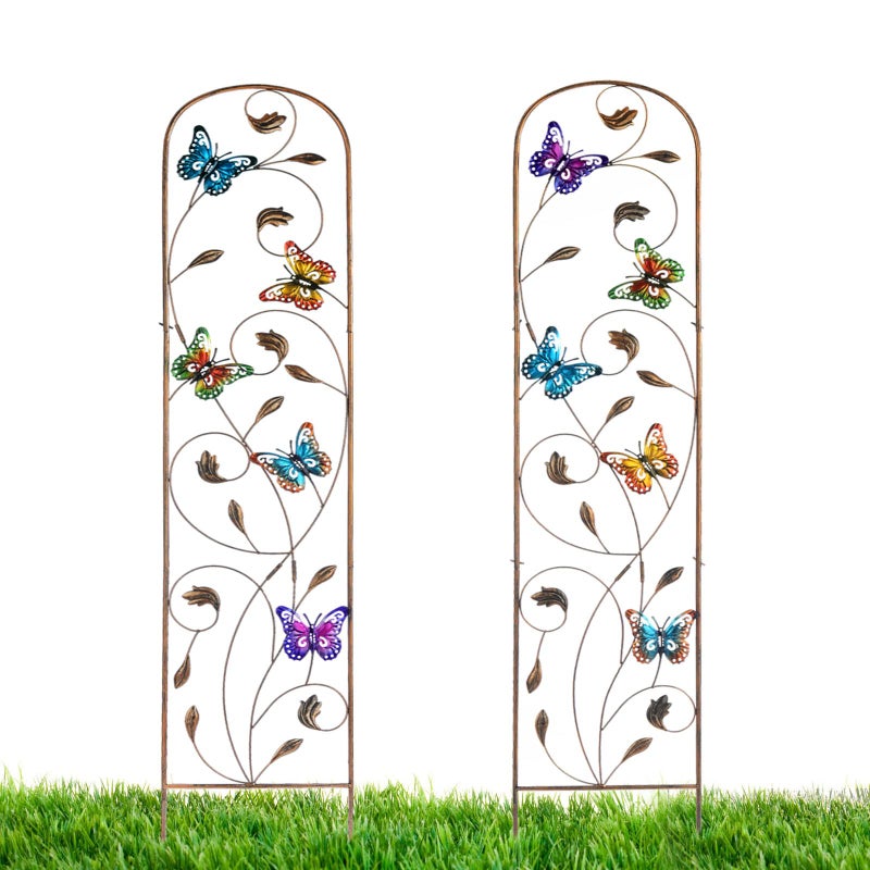 LEWISWAYNE 2 Pack Metal Garden Trellis with Colorful Butterfly 60 Inch High Outdoor Decoration Arched Fence Trellis for Climbing Plants for Patio Lawn Yard Backyard Wall Brackets