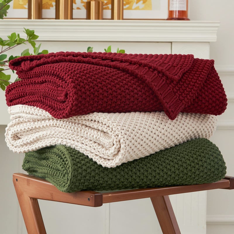 Longhui bedding Chunky Cable Knit Throw Blanket Lightweight Burgundy 100 Organic Cotton Blanket for Sofa Couch Bed Baby Nursery Rustic Shabby Chic Modern Farmhouse 51 x 63 Give Laundering Bag