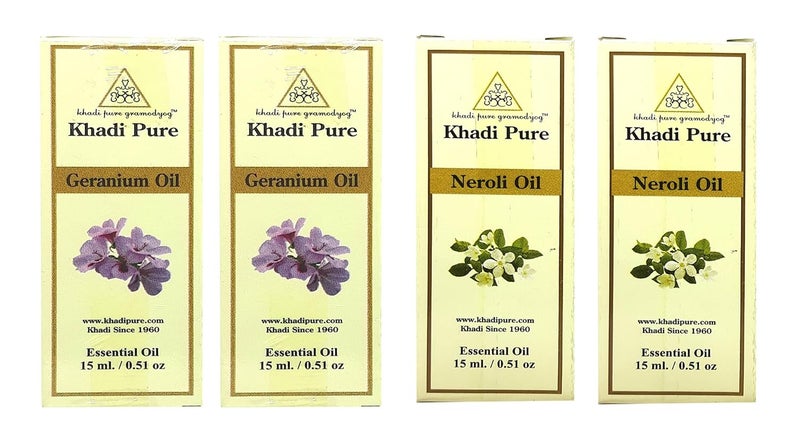 Khadi Pure Gramodyog Khadi Pure Geranium  Neroli Essential Oil  Balancing  Uplifting Aromatherapy Blend  Reduces Stress Promotes Skin Radiance  Enhances Mood  100 Natural  Therapeutic Grade  Pack of 4 15 ml Each  - Image 1