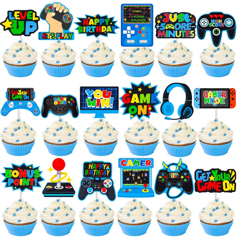 umoni Video Game Cupcake Toppers 36pcs Game Party Cupcake Picks Game On Controllers Cake Picks Gamepad Birthday Party Decoration for Game Theme Baby Shower Supplies(Blue) - Image 2