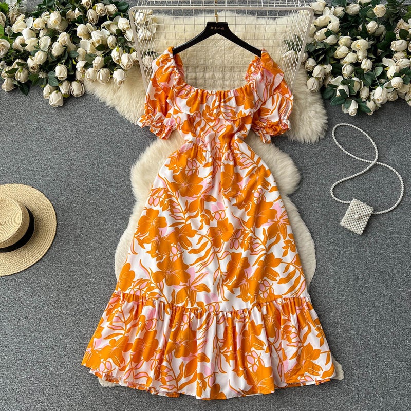 Summer ink painting printing ladies slim-fit mid-length dress womens summer rose waist-tight skirt fashion Orange Red 
