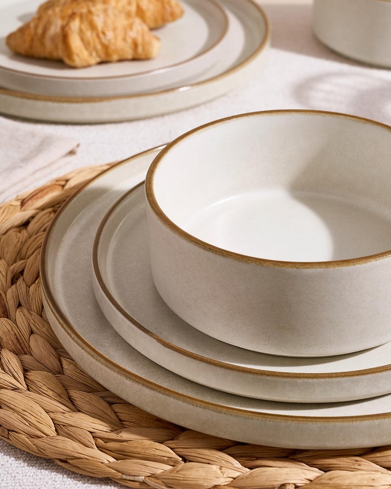 Famiware Nebula Plates and Bowls Sets, 12 Pieces Stoneware Dinnerware Sets, Reactive Glaze Dish Set, Dishes Set for 4, Matte Beige White with Brown Rim - Image 3