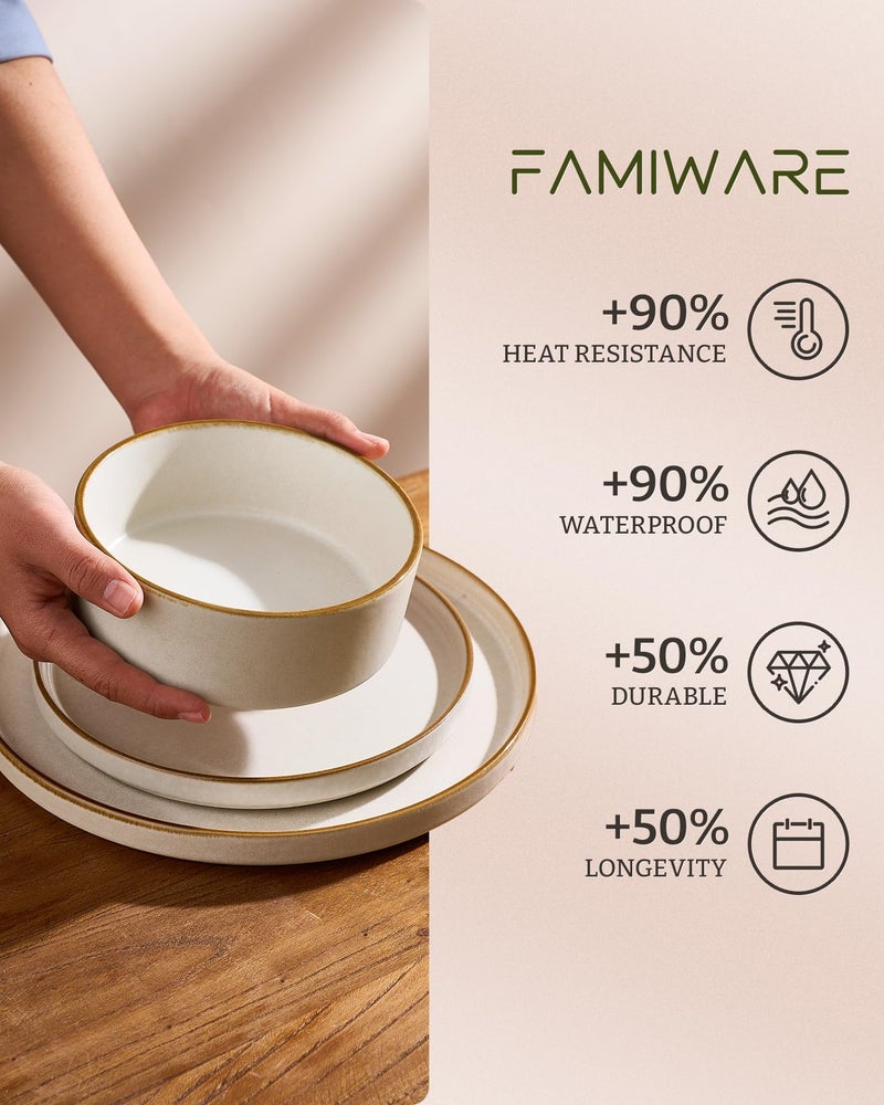 Famiware Nebula Plates and Bowls Sets, 12 Pieces Stoneware Dinnerware Sets, Reactive Glaze Dish Set, Dishes Set for 4, Matte Beige White with Brown Rim - Image 5