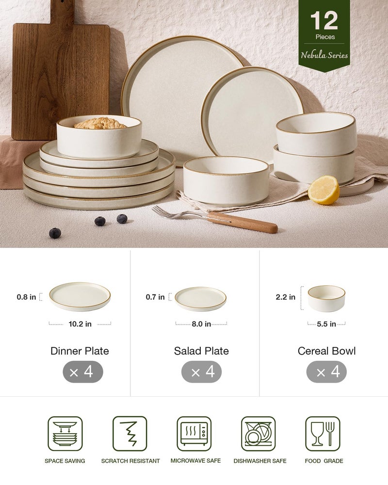 Famiware Nebula Plates and Bowls Sets, 12 Pieces Stoneware Dinnerware Sets, Reactive Glaze Dish Set, Dishes Set for 4, Matte Beige White with Brown Rim - Image 2