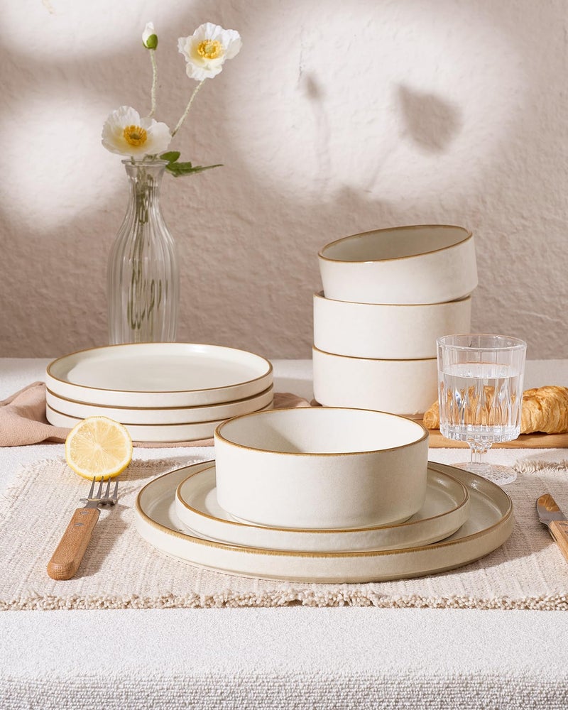 Famiware Nebula Plates and Bowls Sets, 12 Pieces Stoneware Dinnerware Sets, Reactive Glaze Dish Set, Dishes Set for 4, Matte Beige White with Brown Rim - Image 4