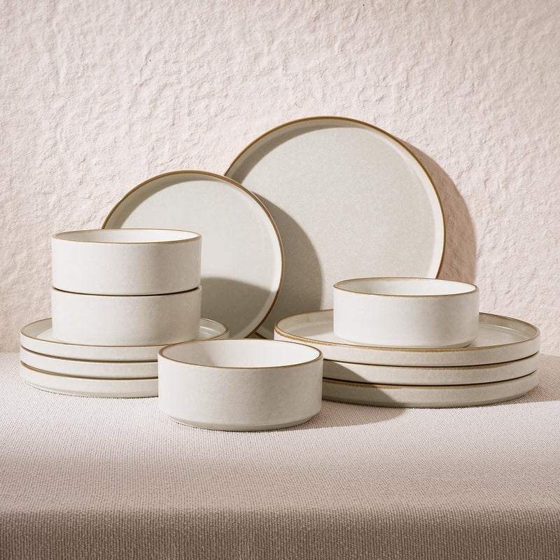Famiware Nebula Plates and Bowls Sets, 12 Pieces Stoneware Dinnerware Sets, Reactive Glaze Dish Set, Dishes Set for 4, Matte Beige White with Brown Rim - Image 1