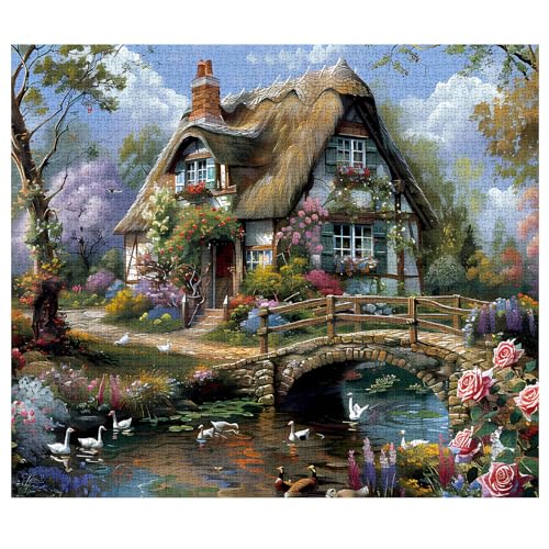 Tucocoo 1000 Piece Jigsaw Puzzles for Adults Cabin Scenery Painting Jigsaw Puzzle Flowers 1000 Pieces Puzzles Bridge River Flowers House Wall Decor DIY Craft Puzzle Vintage Thatched Cottage Art - Image 5