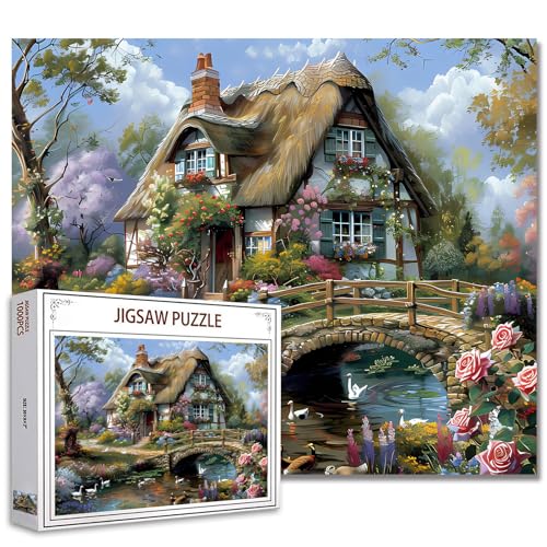 Tucocoo 1000 Piece Jigsaw Puzzles for Adults Cabin Scenery Painting Jigsaw Puzzle Flowers 1000 Pieces Puzzles Bridge River Flowers House Wall Decor DIY Craft Puzzle Vintage Thatched Cottage Art - Image 1