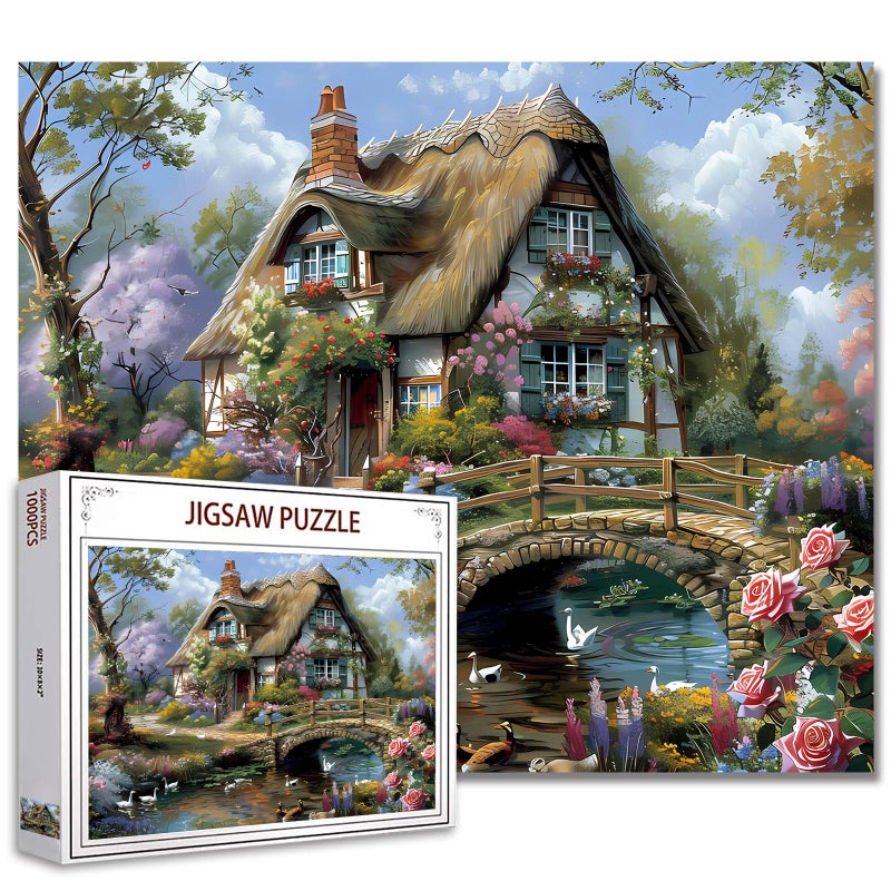 Tucocoo 1000 Piece Jigsaw Puzzles for Adults Cabin Scenery Painting Jigsaw Puzzle Flowers 1000 Pieces Puzzles Bridge River Flowers House Wall Decor DIY Craft Puzzle Vintage Thatched Cottage Art - Image 3