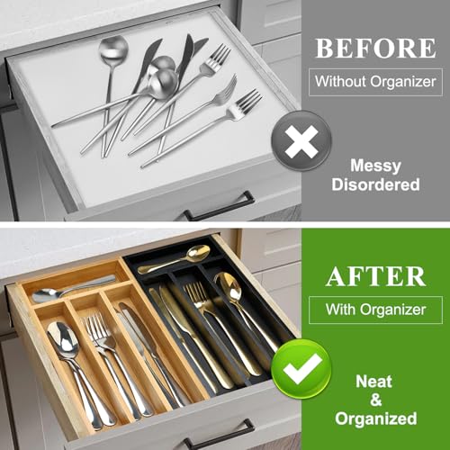 Hilislog Small Silverware Organizer for Drawer Bamboo Kitchen Utensil Tray Narrow Cutlery Drawer Organizer Flatware Caddy Wooden Utensil Drawers Spoon Fork Holder Black Skinny Silverware Trays Organizers - Image 3