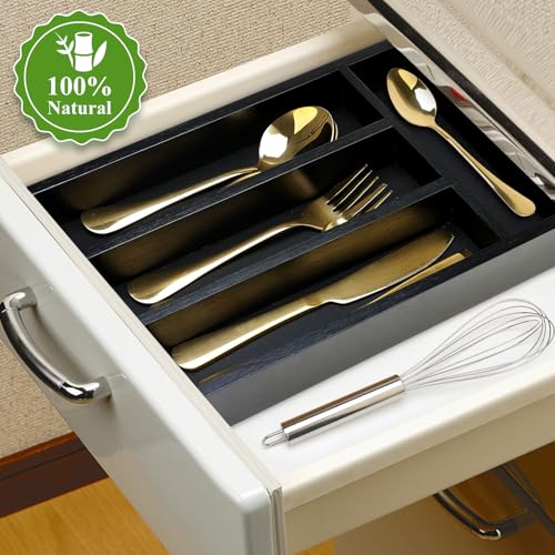 Hilislog Small Silverware Organizer for Drawer Bamboo Kitchen Utensil Tray Narrow Cutlery Drawer Organizer Flatware Caddy Wooden Utensil Drawers Spoon Fork Holder Black Skinny Silverware Trays Organizers - Image 2
