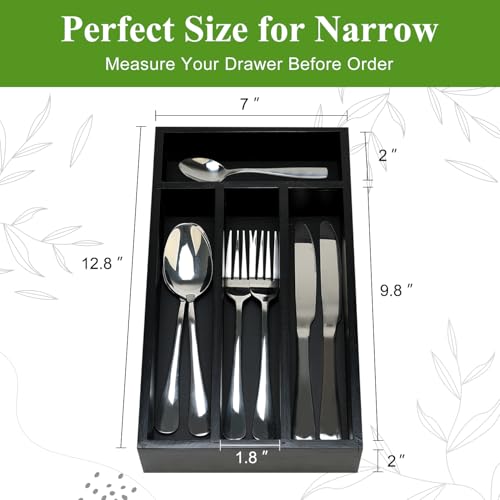 Hilislog Small Silverware Organizer for Drawer Bamboo Kitchen Utensil Tray Narrow Cutlery Drawer Organizer Flatware Caddy Wooden Utensil Drawers Spoon Fork Holder Black Skinny Silverware Trays Organizers - Image 4