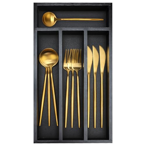 Hilislog Small Silverware Organizer for Drawer Bamboo Kitchen Utensil Tray Narrow Cutlery Drawer Organizer Flatware Caddy Wooden Utensil Drawers Spoon Fork Holder Black Skinny Silverware Trays Organizers - Image 1