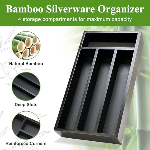 Hilislog Small Silverware Organizer for Drawer Bamboo Kitchen Utensil Tray Narrow Cutlery Drawer Organizer Flatware Caddy Wooden Utensil Drawers Spoon Fork Holder Black Skinny Silverware Trays Organizers - Image 5