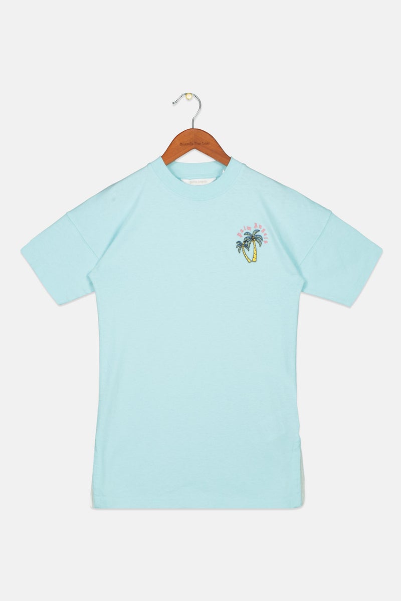 Palm Angels Toddlers Girl Crew Neck Short Sleeve Embroidered Logo T Shirt, Turquoise - Image 1