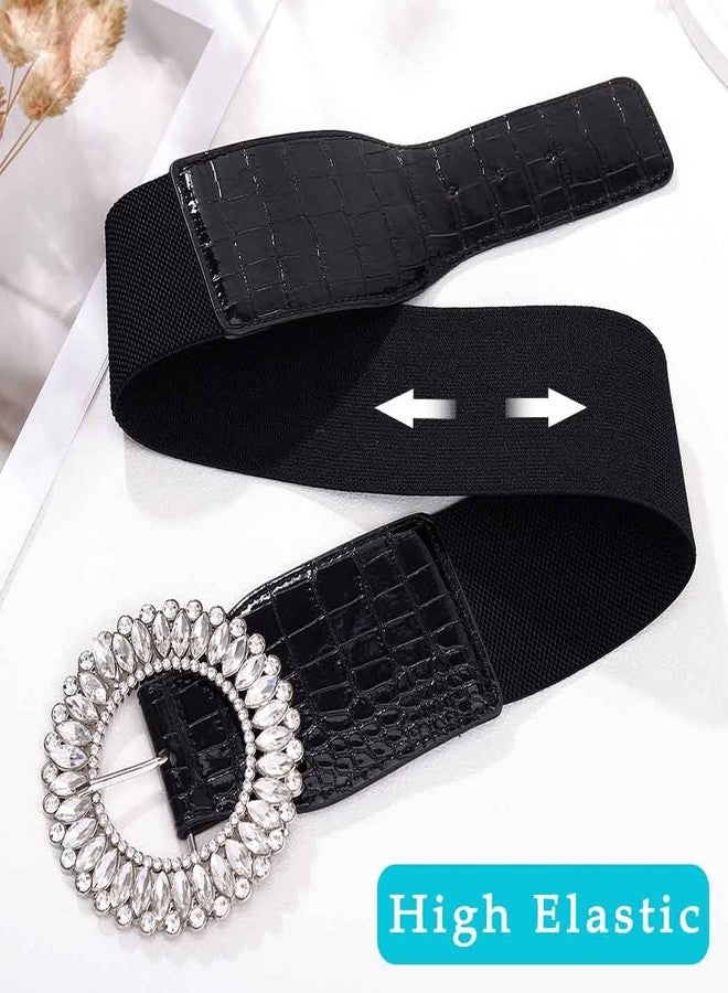 Yalice Rhinestone Wide Belt Women Elastic Waist Belts for Dresses Sparkle Crystal Stretchy Belts Fashion Waistband for Ladies (Black, Fit Waist Size: 34’‘-43’‘) - Image 2