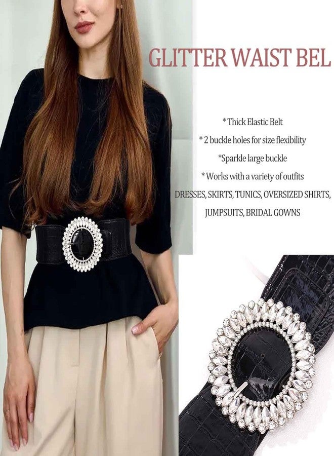 Yalice Rhinestone Wide Belt Women Elastic Waist Belts for Dresses Sparkle Crystal Stretchy Belts Fashion Waistband for Ladies (Black, Fit Waist Size: 34’‘-43’‘) - Image 3