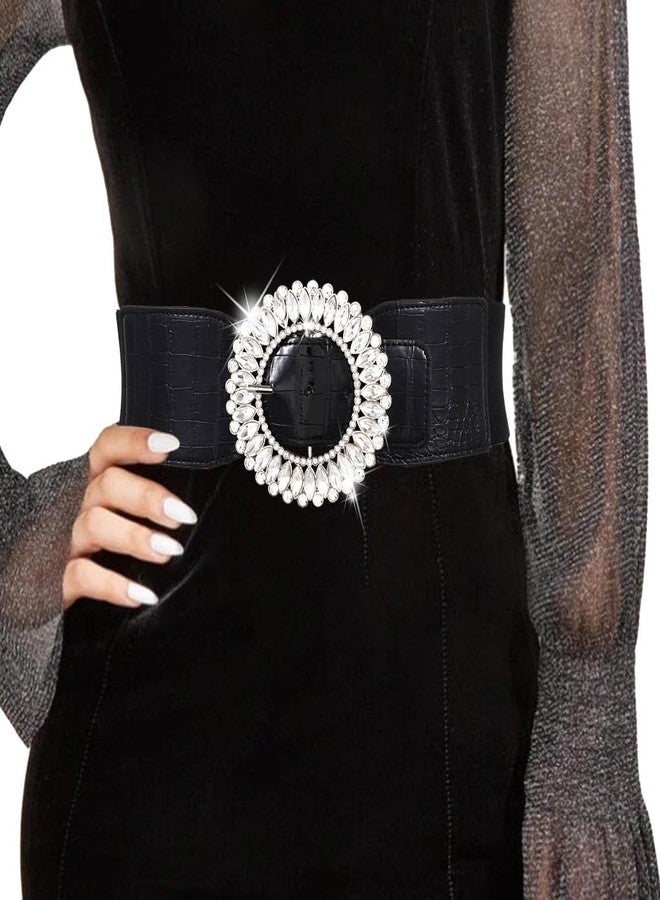 Yalice Rhinestone Wide Belt Women Elastic Waist Belts for Dresses Sparkle Crystal Stretchy Belts Fashion Waistband for Ladies (Black, Fit Waist Size: 34’‘-43’‘) - Image 1