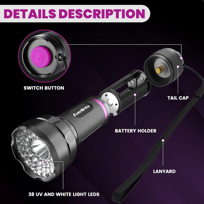 إيفربايت مصباح يدوي LED من ، مصباح يدوي متعدد الوظائف يحتوي على ضوء UV وضوء أبيض، وضوء أسود بطول موجي 395 نانومتر، قوة إضاءة عالية تصل إلى 300 لومن، مناسب للتخييم وحالات الطوارئ وإزالة بقع البول من الحيوانات الأليفة، يأتي مع بطاريات من نوع AA. - Image 2