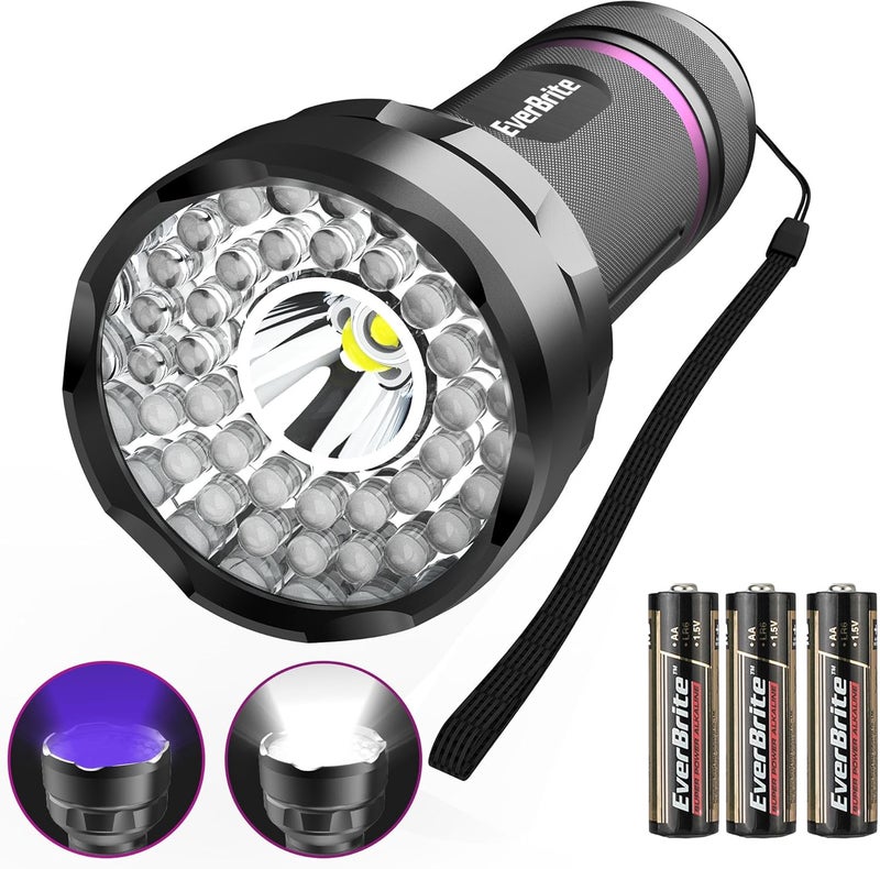 إيفربايت مصباح يدوي LED من ، مصباح يدوي متعدد الوظائف يحتوي على ضوء UV وضوء أبيض، وضوء أسود بطول موجي 395 نانومتر، قوة إضاءة عالية تصل إلى 300 لومن، مناسب للتخييم وحالات الطوارئ وإزالة بقع البول من الحيوانات الأليفة، يأتي مع بطاريات من نوع AA. - Image 1